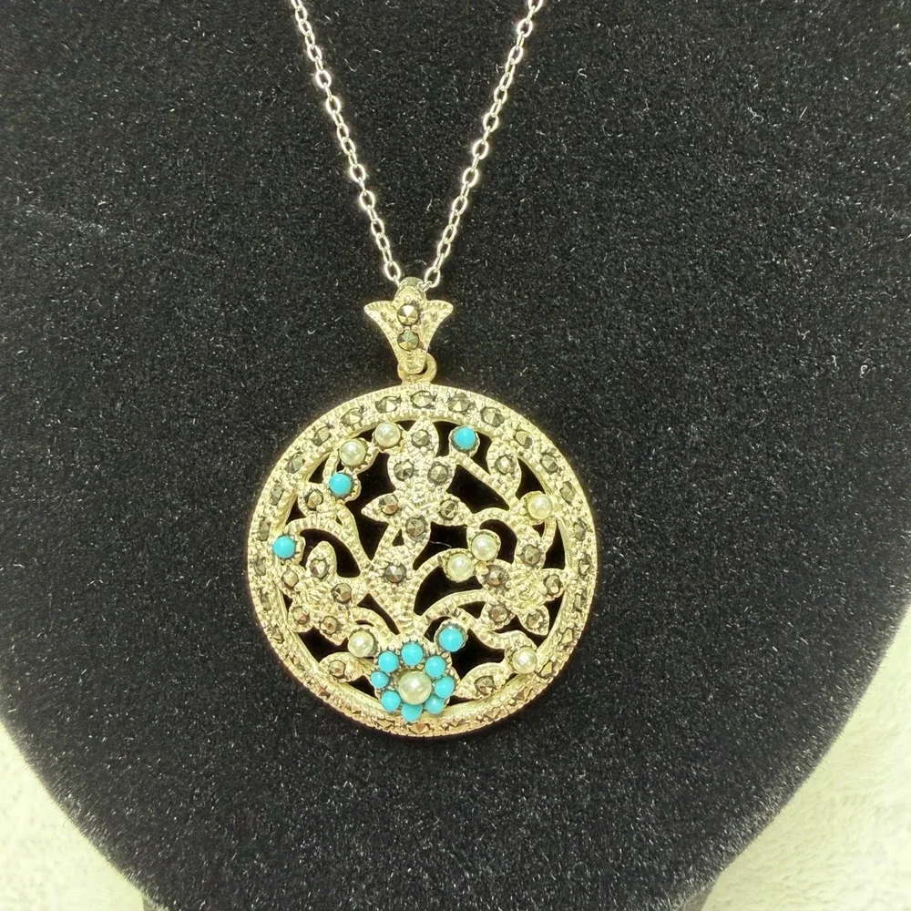 Sterling Silver Marcasite Turquoise Pearl Floral Medallion Pendant Necklace